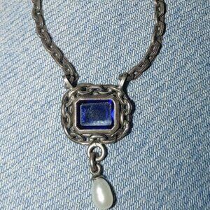 Antique Sterling Silver Pendant Necklace Blue Sapphire Center Pearl Drop Chain